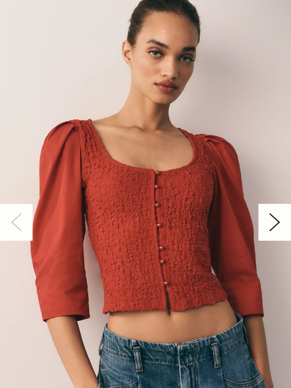 Anthropologie Coral-Red Puff-Sleeve Textured Button Front Top